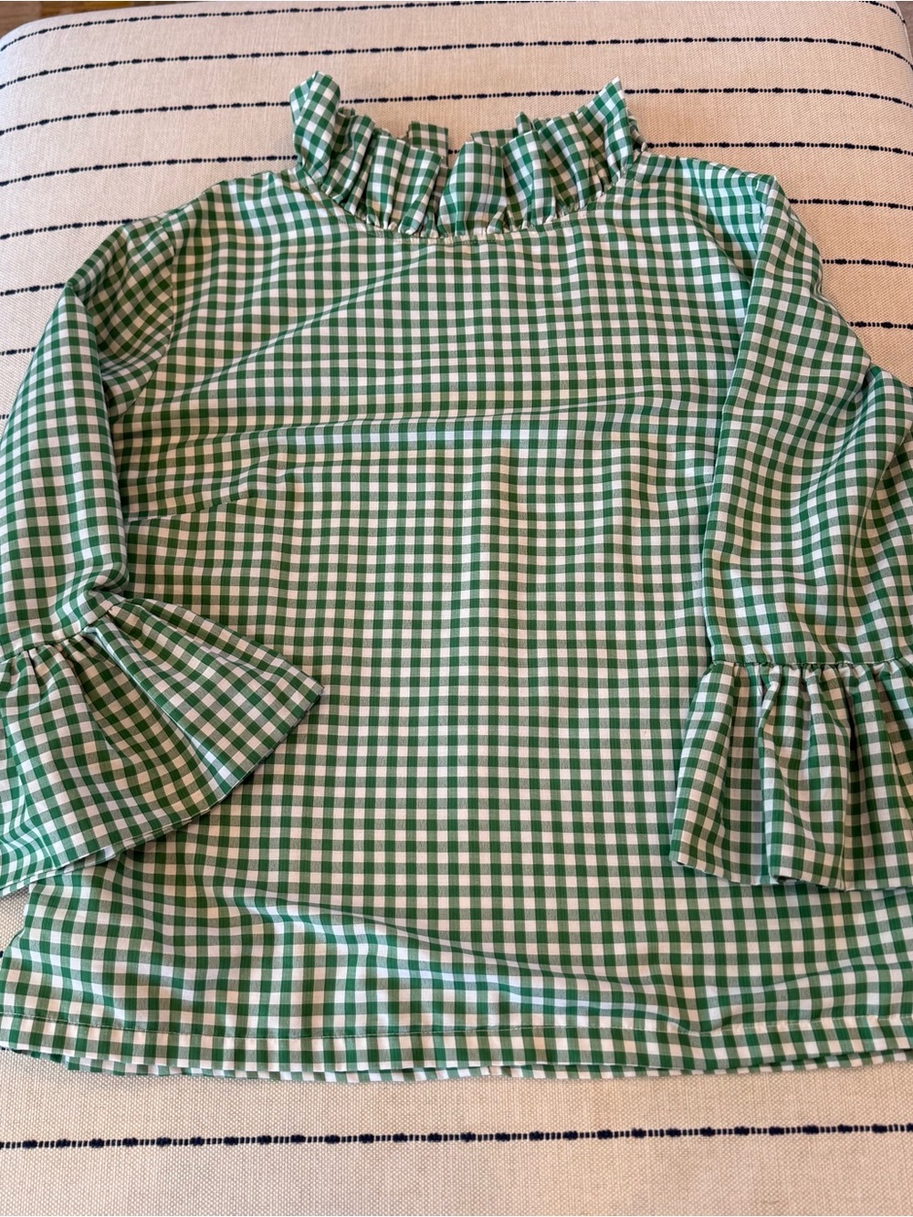 Kelly Green & White Gingham Ruffle Neck Blouse - Women
